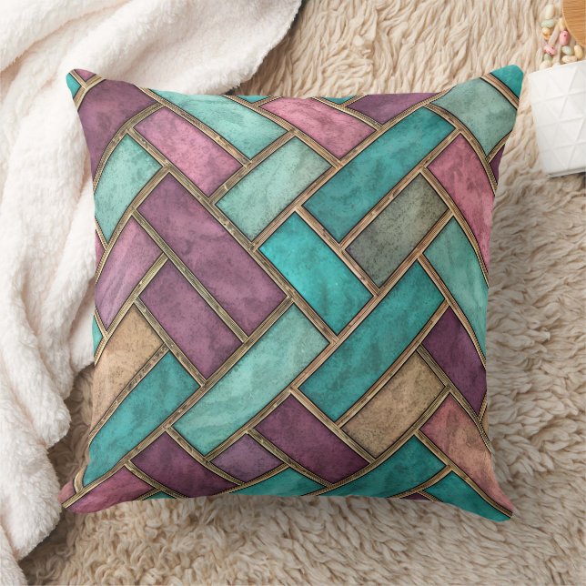 Teal and Mauve Herringbone Tile Pattern - Brick Kudde (Filt)
