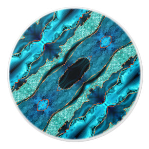 Teal and Navy Blue Guld Marble Ceramic Knob Knopp