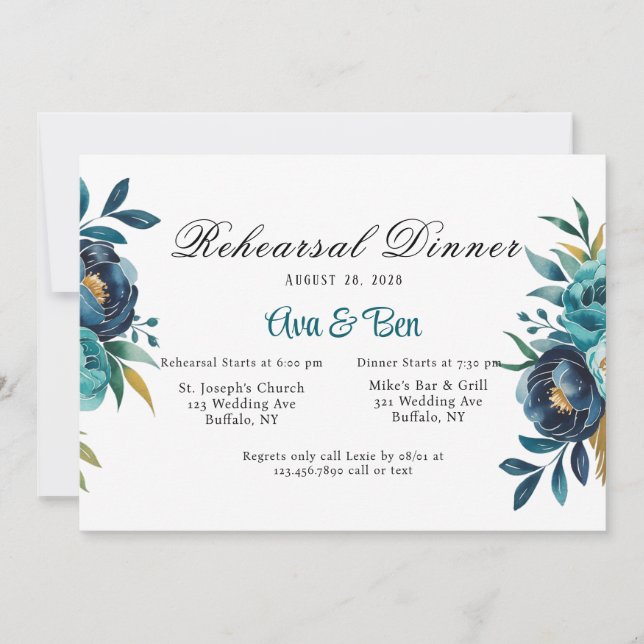 Teal and Navy Blue Peony Rehearsal Dinner Inbjudningar (Framsida)