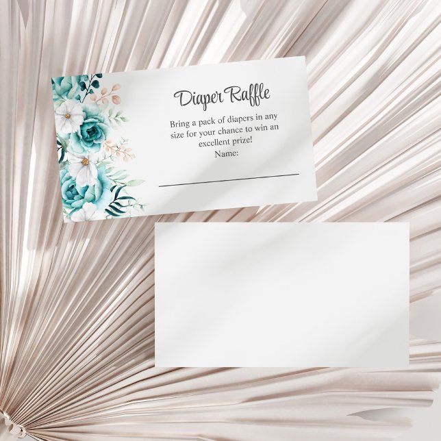 Teal and Off-White Wildblommor Diaper Raffle Tilläggskort (Teal and Off-White Wildflowers Diaper Raffle Enclosure Card on a white dry palm leaf.)