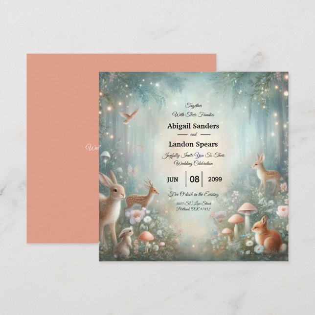 Teal and Peach Enchanted Forest Wedding Inbjudningar (Fram/baksida)
