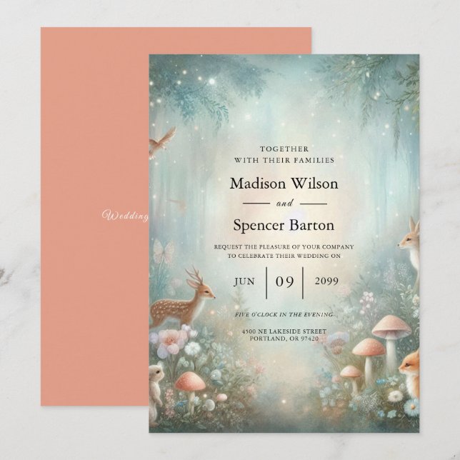 Teal and Peach Enchanted Forest Wedding Inbjudningar (Fram/baksida)