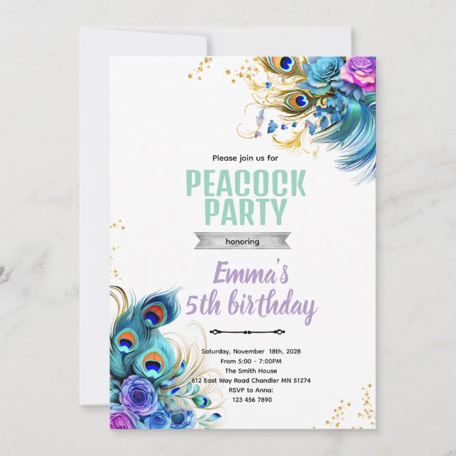 Teal and Purple Peacock theme invite Inbjudningar (Framsida)