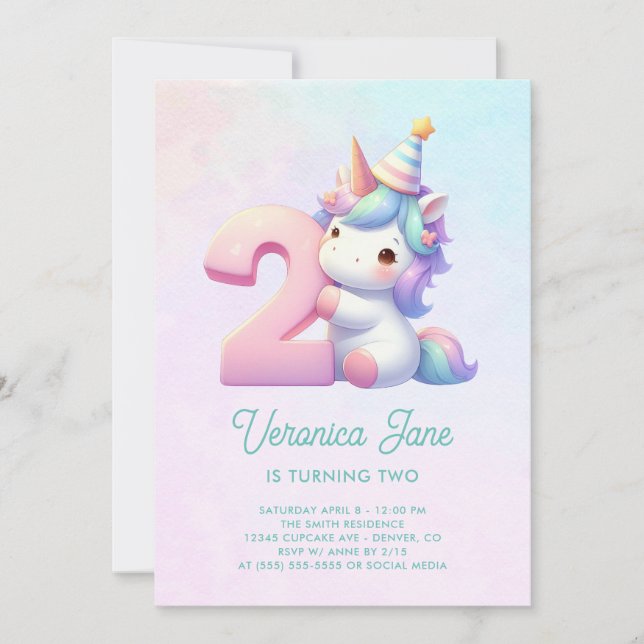 Teal and Rosa Cute Unicorn 2:a födelsedagen Inbjudningar (Framsida)