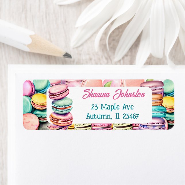 Teal and Rosa Macaron Cookies Returadress Etikett (Insitu)