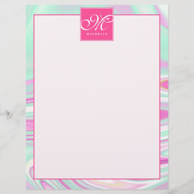 Teal and Rosa Marble Mönster Monogram Letterhead (Framsida)