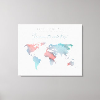 Teal and Rosa Watercolor World Map Guest Bok Canvastryck
