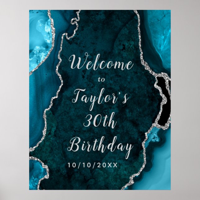 Teal and Silver Agate Birthday Välkommen Poster (Framsidan)