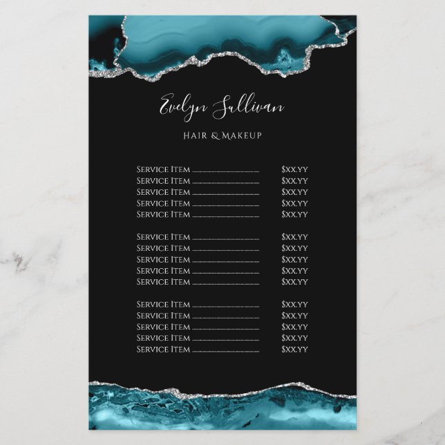 Teal and silver agate pris list flyer (Framsidan)