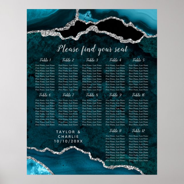 Teal and Silver Agate Wedding Seating Chart Poster (Framsidan)