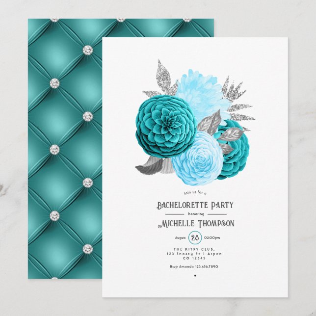 Teal and Silver Blommigt Bachelorette Party Inbjudningar (Fram/baksida)