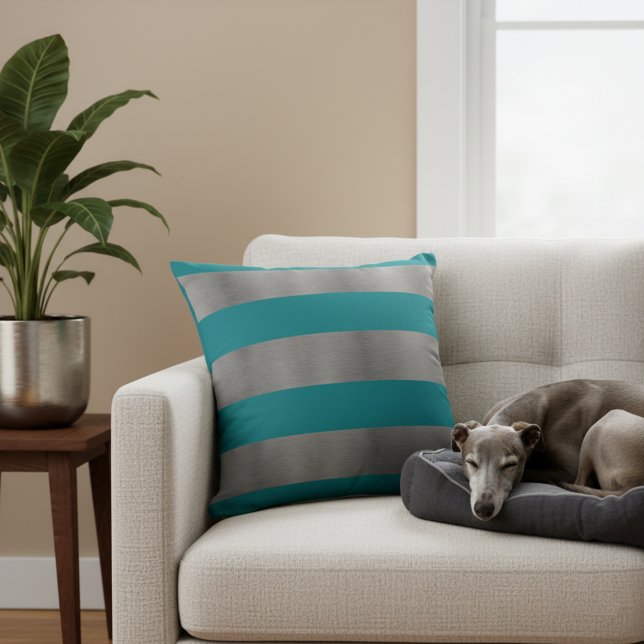 Teal and Silver Couch Pillow Kudde (Stylish metallic silver gray and teal striped accent pillow.)