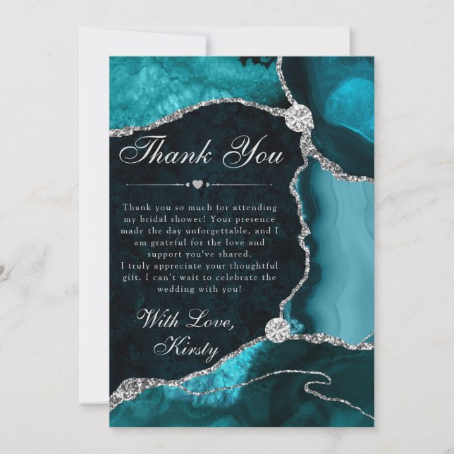 Teal and Silver Faux Glitter Agate Bridal Shower Tack Kort (Framsida)