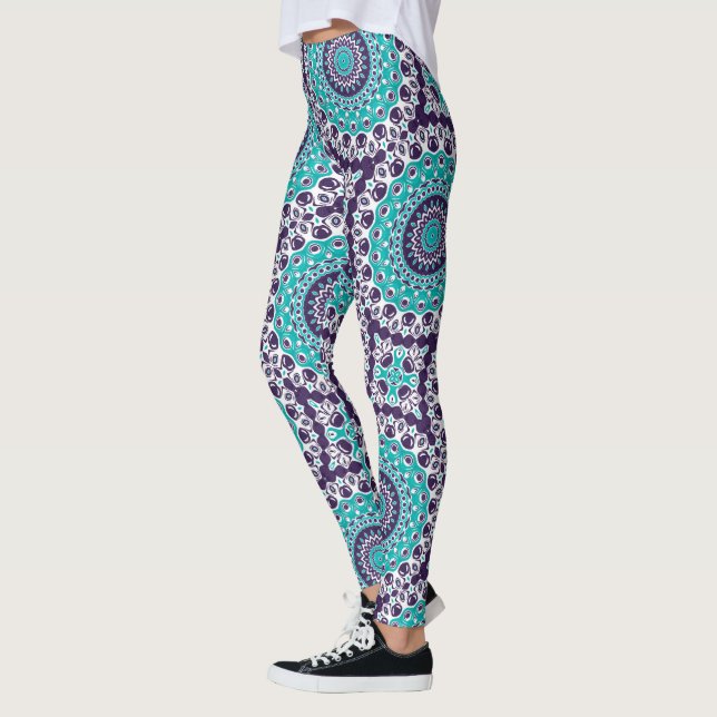 Teal and Violet Abstract Mandala Pattern Leggings (Vänster)