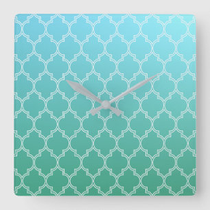 Teal and White Abstrakt Geometric Mönster Fyrkantig Klocka