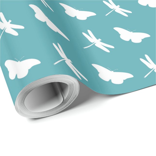 Teal and White Butterfly and Dragonfly Pattern Presentpapper (Rullad Hörn)