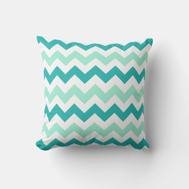 Teal and White Chevron Zig Zag Rand Kudde (Framsida)