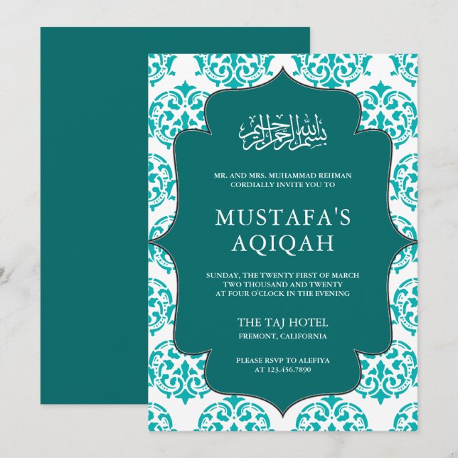 Teal and White Damask Islamic Aqiqah Ceremony Inbjudningar (Fram/baksida)