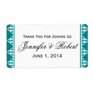 Teal and White Filigree Gräns Vattenflaska Label Fraktsedel
