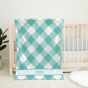 Teal and White Gingham Play Personlig Fleecefilt