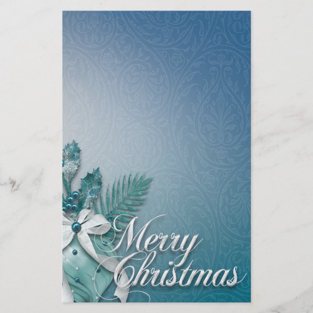 Teal and White God jul Ornaments Rosett band Brevpapper (Framsida)