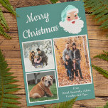 Teal and White Jultomten Photo Collage jul Julkort<br><div class="desc">Den här roligten och det här fotokortet är redo att anpassa med tre av dina egna foton och dina egna från-helgdag och har ett teal- och white färg-schema med ett retro-stil-grafik bredvid meddelandet "God jul" i vitt skript.</div>