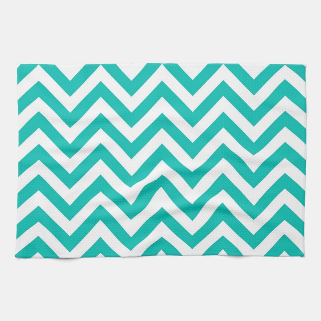 Teal and White Large Chevron ZigZag Mönster Kökshandduk (Horisontell)