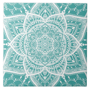 Teal and White Mandala - Loergann in Blue Spruce Kakelplatta