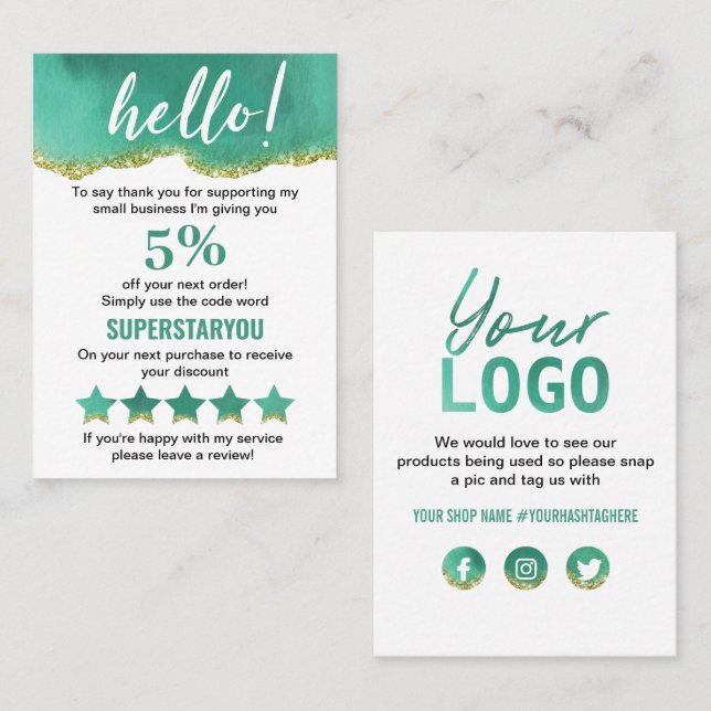 Teal and White med Guld Glitter Tack Logotyp Visitkort (Fram/baksida)