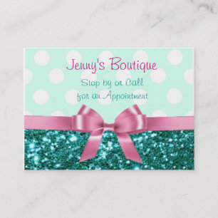 Teal and White Polka Dot med Rosa Bow & Glitter Visitkort