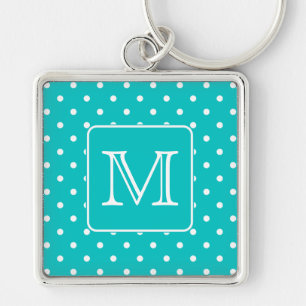 Teal and White Polka Dot Mönster. Anpassningsbar Fyrkantig Silverfärgad Nyckelring