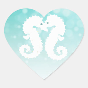 Teal and White Seahorse Kissing Heart Sticker Hjärtformat Klistermärke