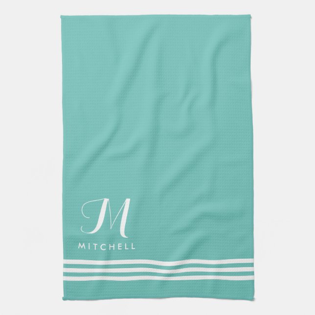 Teal and White Sophisticated Rand and Monogram Kökshandduk (Vertikal)