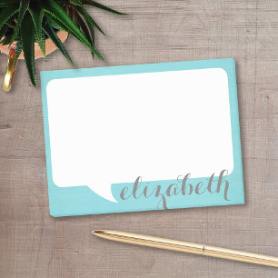 Teal and White Talk Bubble med skript Namn Post-it Block