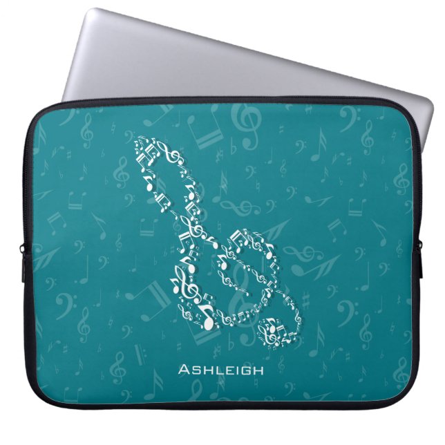 Teal and White Treble Clef Musik noter Laptop Fodral (Framsidan)