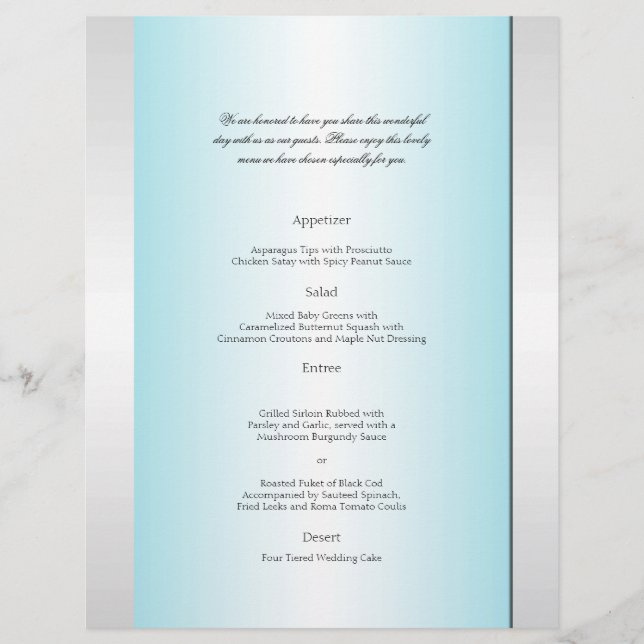 Teal and White Zebra Diamond Bröllop Menu (Framsida)
