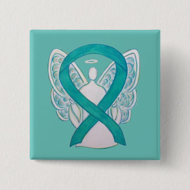 Teal Angel Awareness Ribbon Art Anpassningsbar Lap Knapp (Framsida)