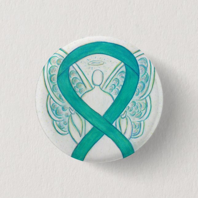 Teal Angel Awareness Ribbon Art Anpassningsbar Lap Knapp (Framsida)