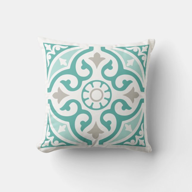 Teal Anka Egg Blue och White Moroccan Tile Kudde (Framsida)