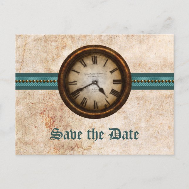 Teal Antique Clock Save Date Postcard Meddelande Vykort (Framsida)