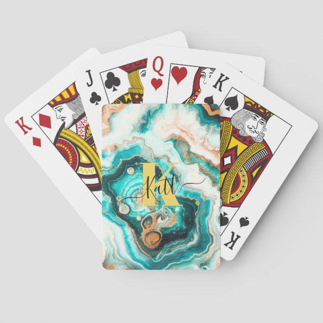 Teal Aqua Agate Golden Anpassningsbar Modern Monog Casinokort (Baksidan)