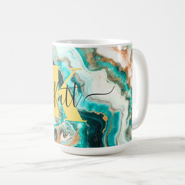 Teal Aqua Agate Golden Anpassningsbar Modern Monog Kaffemugg (Framsida höger)