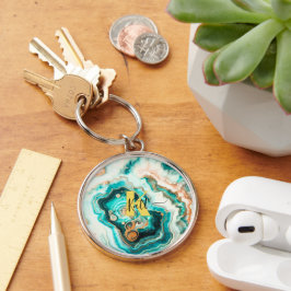 Teal Aqua Agate Golden Anpassningsbar Modern Monog Rund Silverfärgad Nyckelring