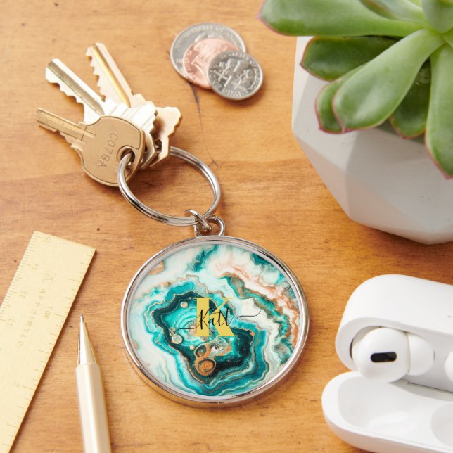 Teal Aqua Agate Golden Anpassningsbar Modern Monog Rund Silverfärgad Nyckelring (Skrivbord)