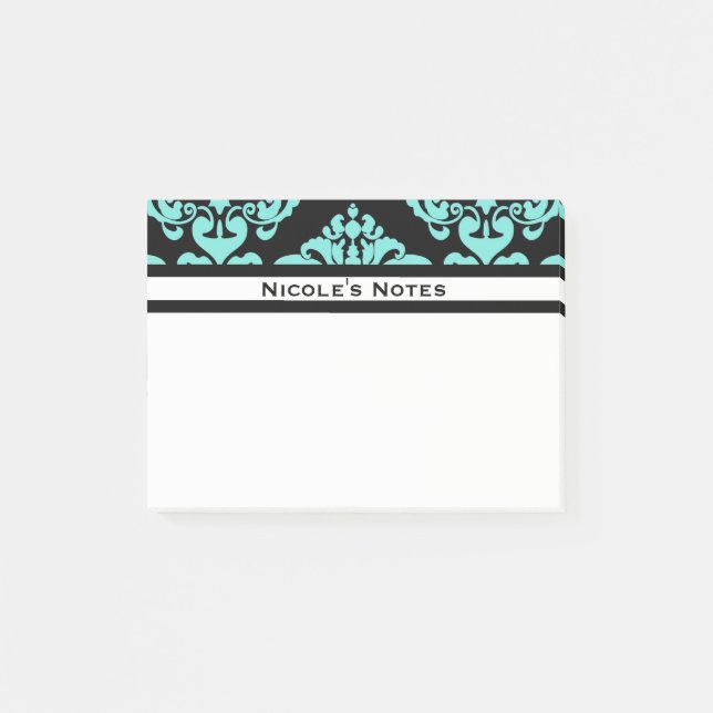 Teal Aqua Black Damask Pattern Modern Personlig Post-it Block (Framsida)