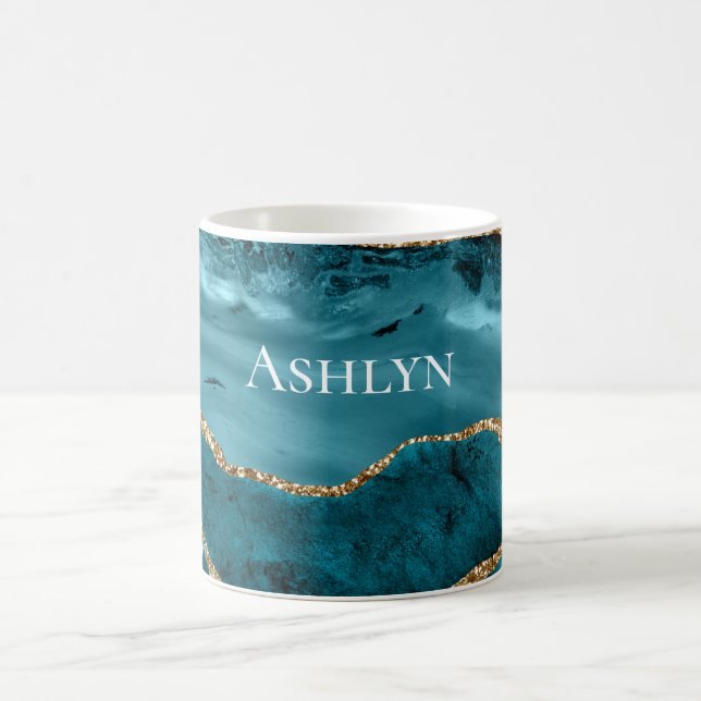 Teal Aqua Blue Agate Guld Glitter Kaffemugg (Center)