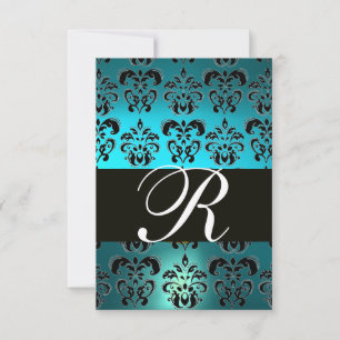 TEAL AQUA BLUE BLACK DAMASK MONOGRAM OSA