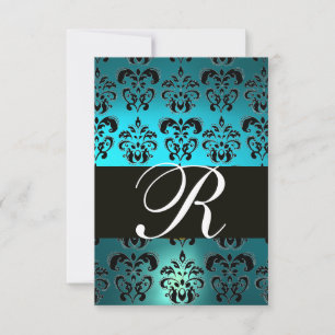TEAL AQUA BLUE BLACK DAMASK MONOGRAM OSA KORT