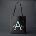 Teal Aqua Blue Girly Script Monogram Namn Modern Tygkasse<br><div class="desc">Black and Teal Aqua Blue Elegant Lägg till din egen Namn Monogram Bok-säck. Denna Bok-bag kan anpassas så att den omfattar ditt första och första namn och ges som julklapp,  Sverige 16 födelsedagar,  Möhippa eller Bröllop.</div>