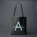 Teal Aqua Blue Girly Script Monogram Namn Modern Tygkasse<br><div class="desc">Black and Teal Aqua Blue Elegant Lägg till din egen Namn Monogram Bok-säck. Denna Bok-bag kan anpassas så att den omfattar ditt första och första namn och ges som julklapp,  Sverige 16 födelsedagar,  Möhippa eller Bröllop.</div>
